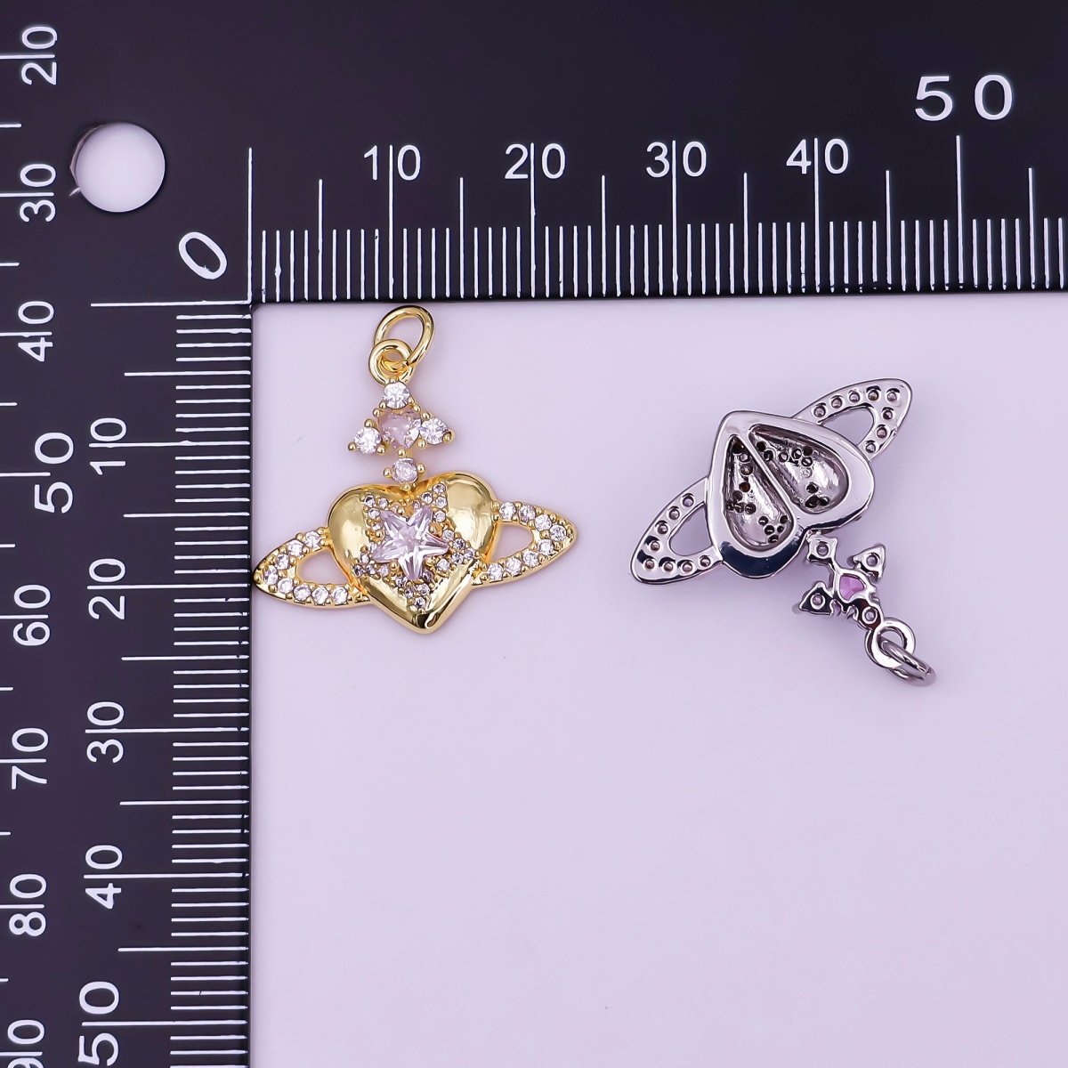 24K Gold Filled Pink, Clear CZ Celestial Heart Charm in Gold & Silver | AF471 - DLUXCA