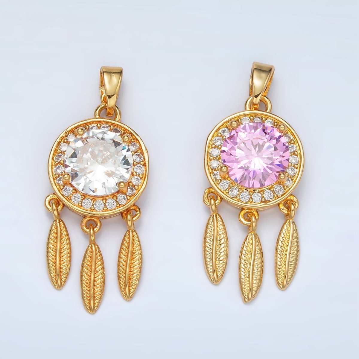 24K Gold Filled Pink, Clear CZ Micro Paved Dreamcatcher Pendant | AA1387 - DLUXCA