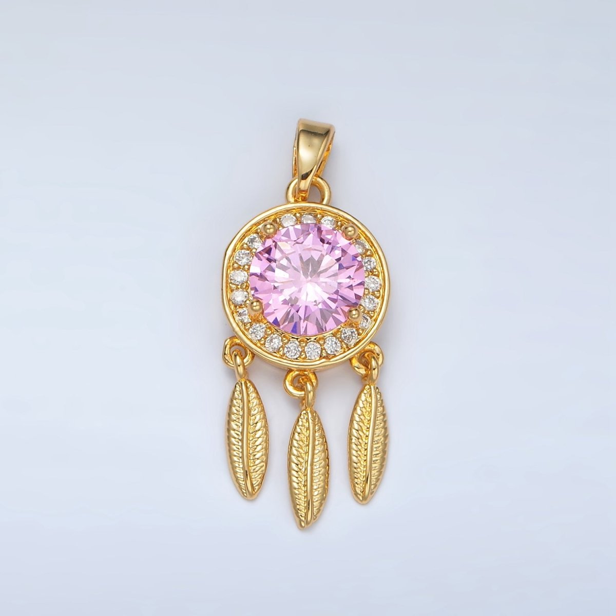 24K Gold Filled Pink, Clear CZ Micro Paved Dreamcatcher Pendant | AA1387 - DLUXCA