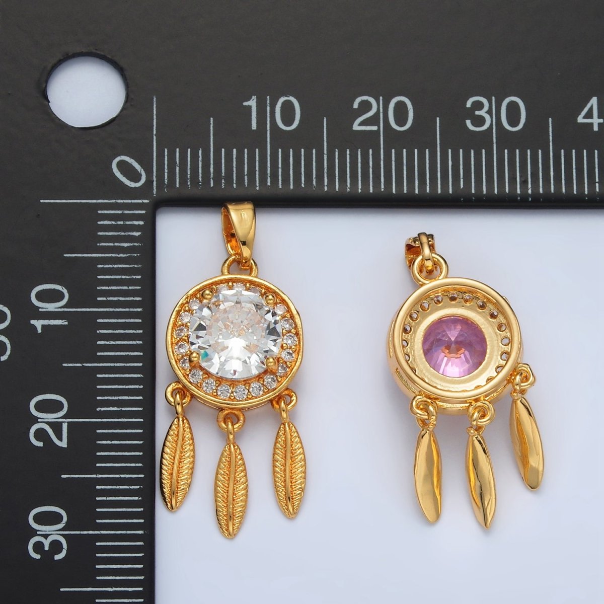 24K Gold Filled Pink, Clear CZ Micro Paved Dreamcatcher Pendant | AA1387 - DLUXCA