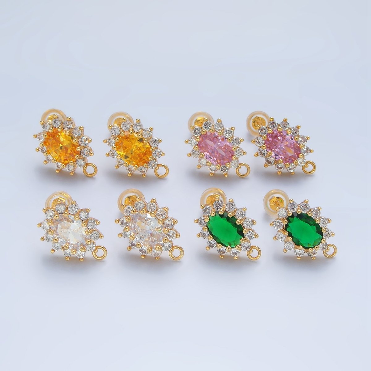 24K Gold Filled Pink, Clear, Green, Orange CZ Sunburst Open Loop Drop Stud Earrings Findings | Z985 - Z988 - DLUXCA