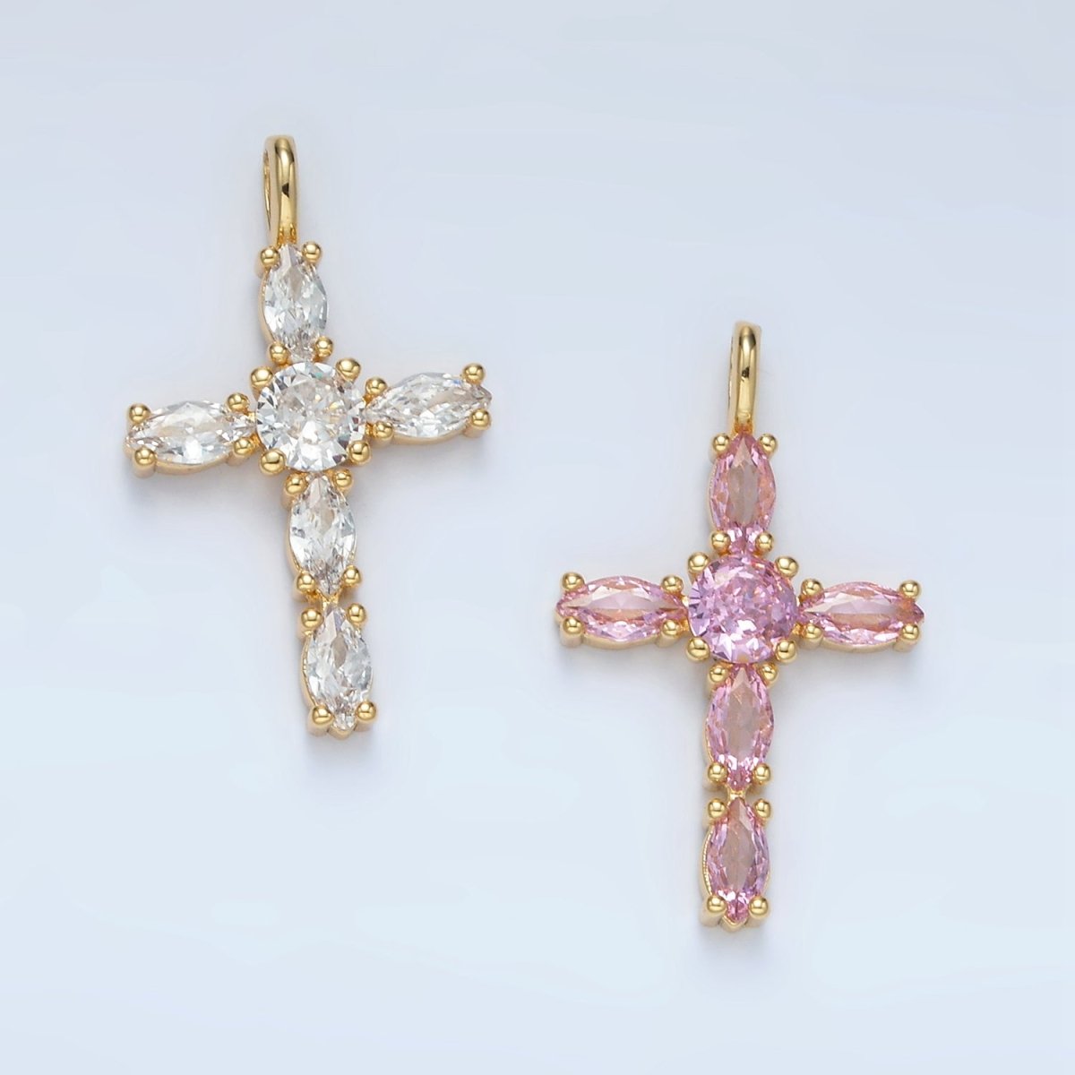 24K Gold Filled Pink, Clear Marquise CZ Cross Pendant | AA1367 - DLUXCA