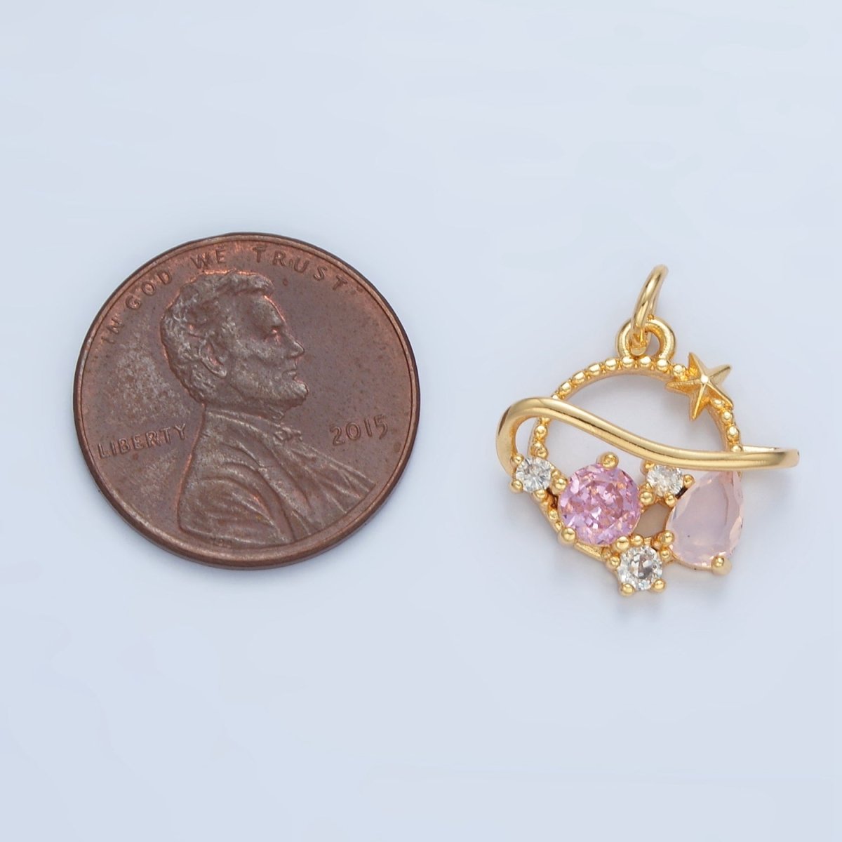 24K Gold Filled Pink CZ Celestial Saturn Planet Open Charm | X280 - DLUXCA