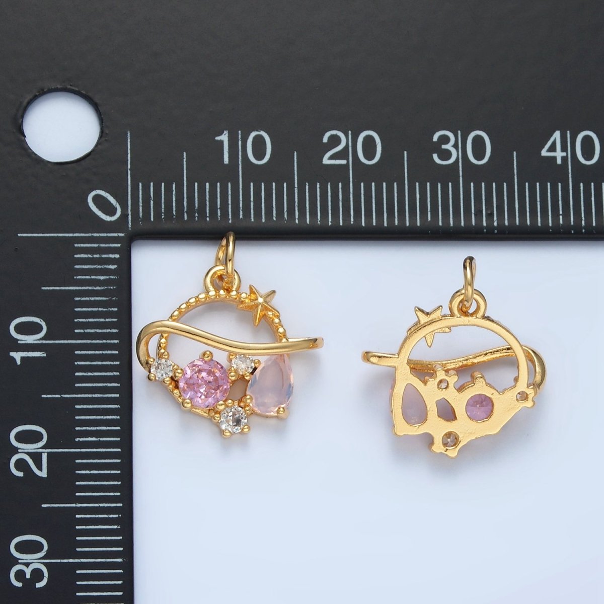 24K Gold Filled Pink CZ Celestial Saturn Planet Open Charm | X280 - DLUXCA