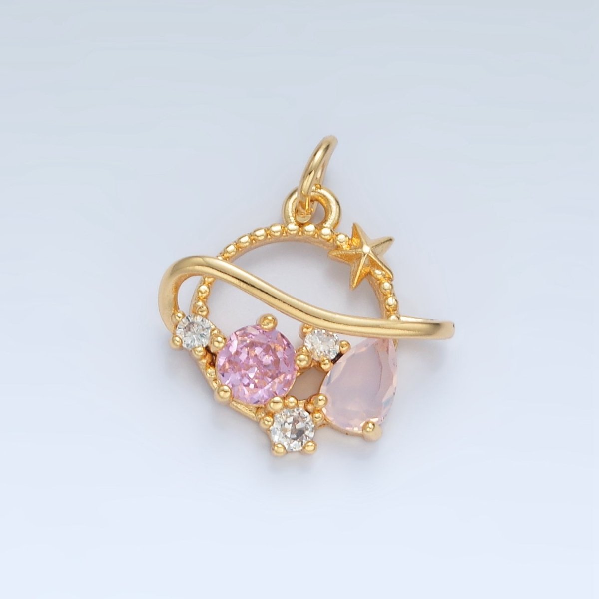 24K Gold Filled Pink CZ Celestial Saturn Planet Open Charm | X280 - DLUXCA