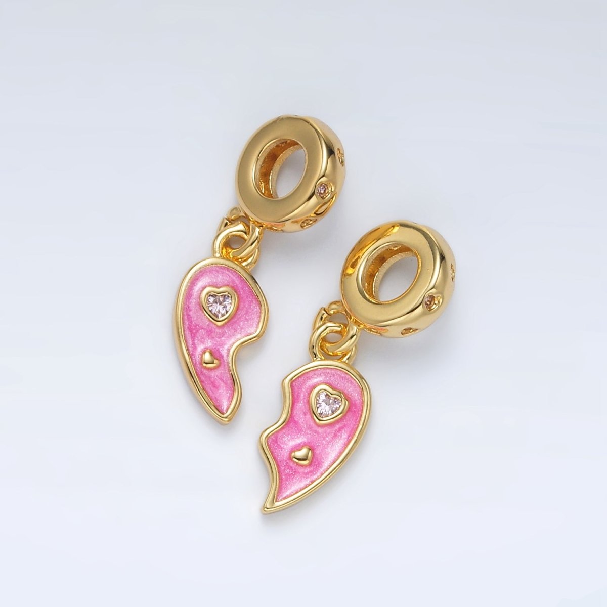 24K Gold Filled Pink CZ Enamel Heart Double Rhondelle Bail Drop Pendant Set | AC100 - DLUXCA