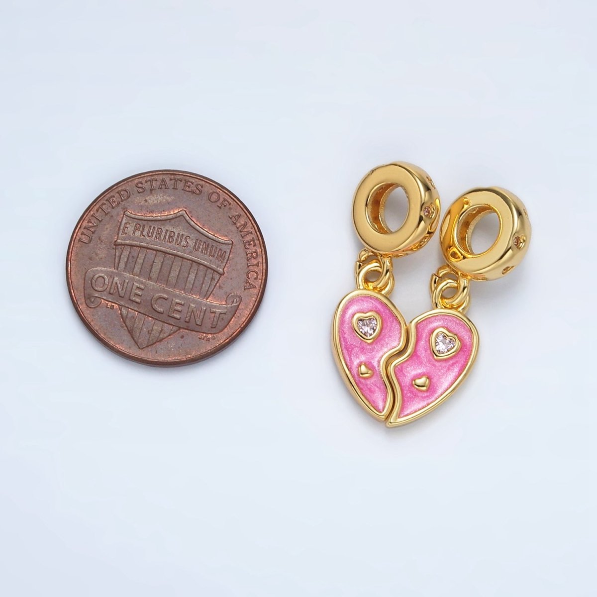 24K Gold Filled Pink CZ Enamel Heart Double Rhondelle Bail Drop Pendant Set | AC100 - DLUXCA