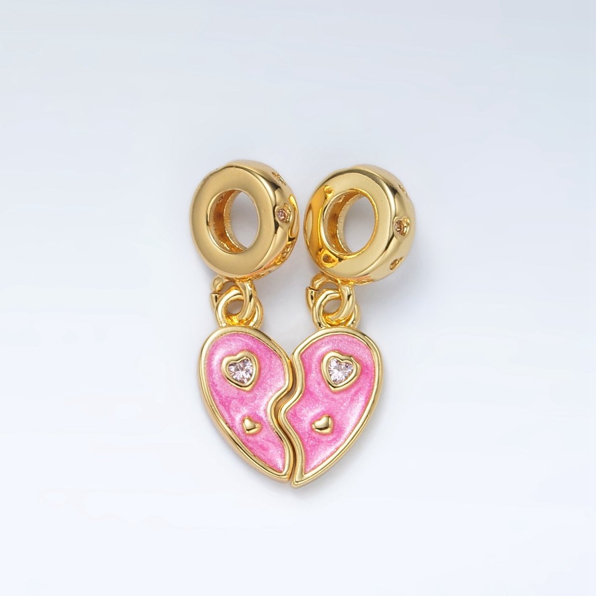 24K Gold Filled Pink CZ Enamel Heart Double Rhondelle Bail Drop Pendant Set | AC100 - DLUXCA