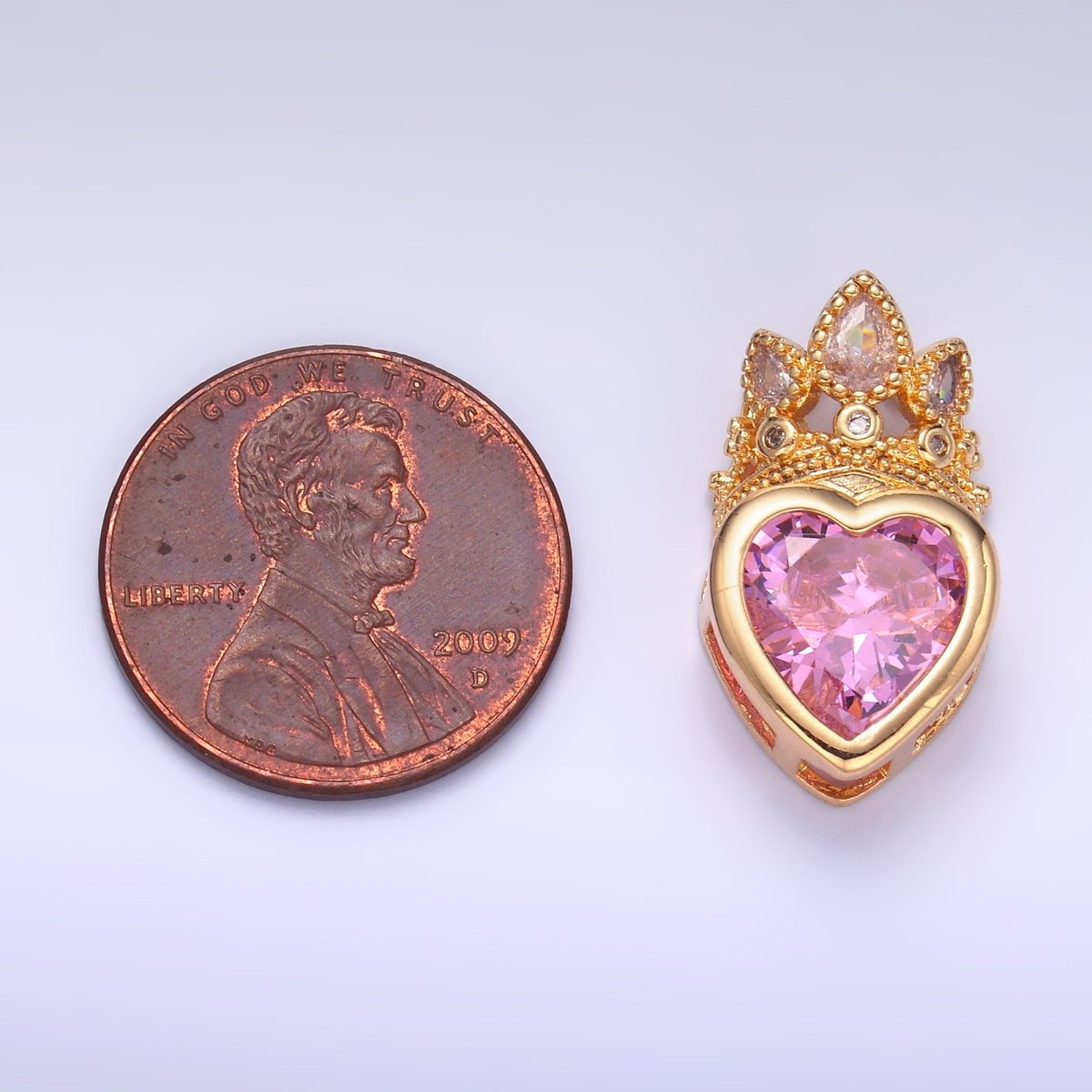 24K Gold Filled Pink CZ Heart Crown Pendant in Gold & Silver | AA1441 - DLUXCA