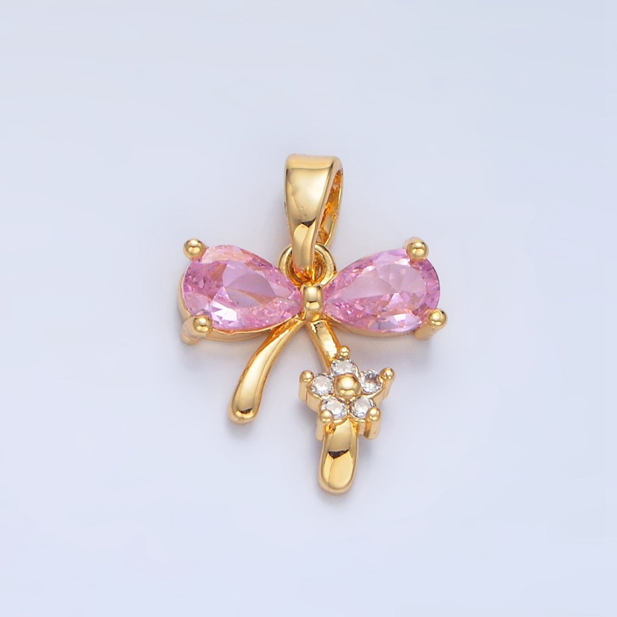 24K Gold Filled Pink CZ Ribbon Bow Flower Pendant | AA797 - DLUXCA