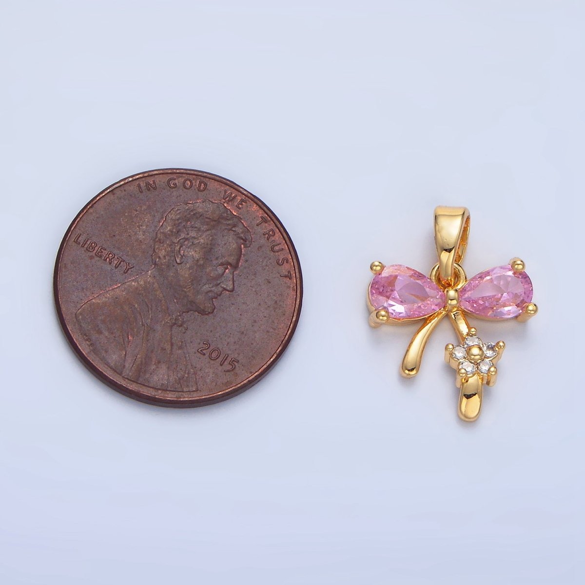 24K Gold Filled Pink CZ Ribbon Bow Flower Pendant | AA797 - DLUXCA