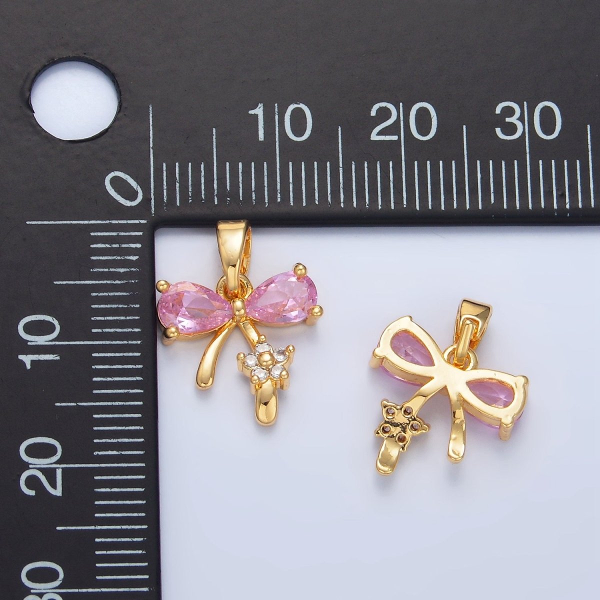 24K Gold Filled Pink CZ Ribbon Bow Flower Pendant | AA797 - DLUXCA