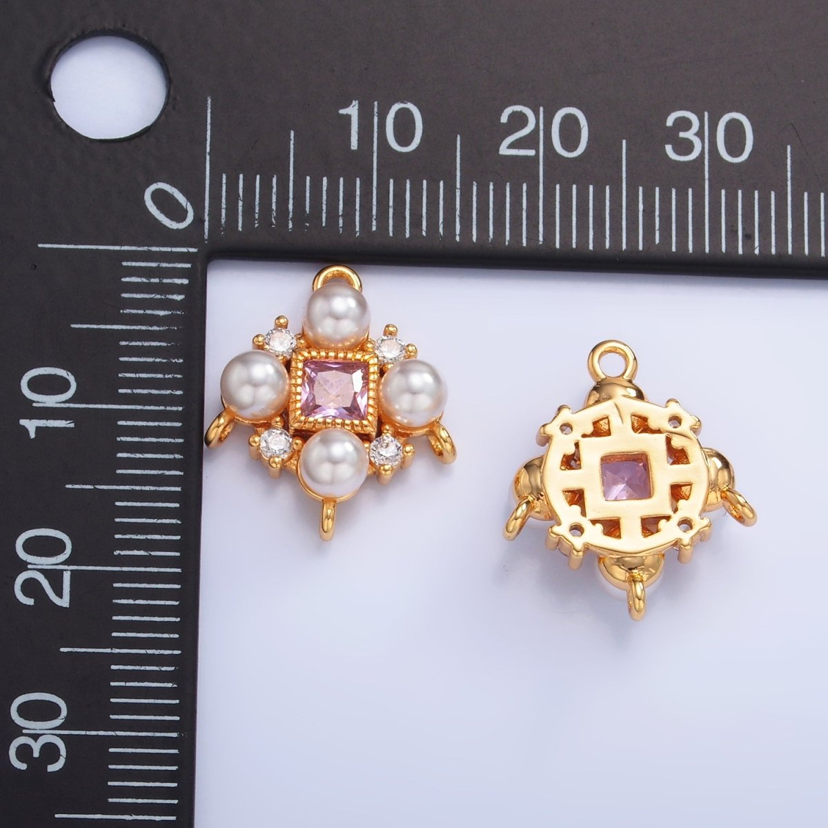 24K Gold Filled Pink CZ Shell Pearl Geometric Connector | Y001 - DLUXCA