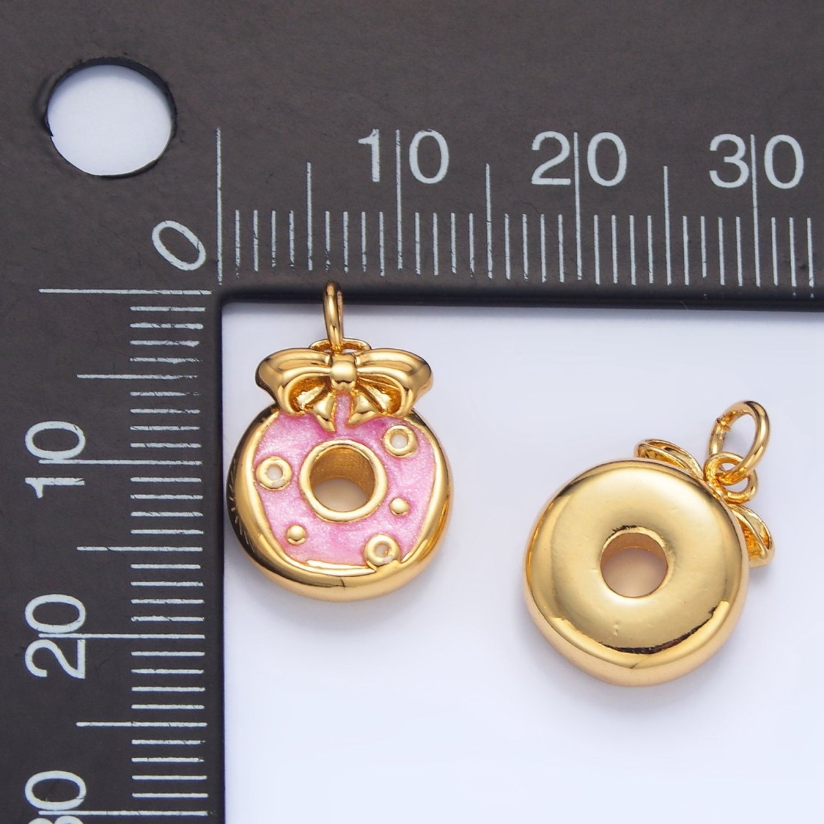 24K Gold Filled Pink Enamel Donut Ribbon Bow Desert Charm | X836 - DLUXCA