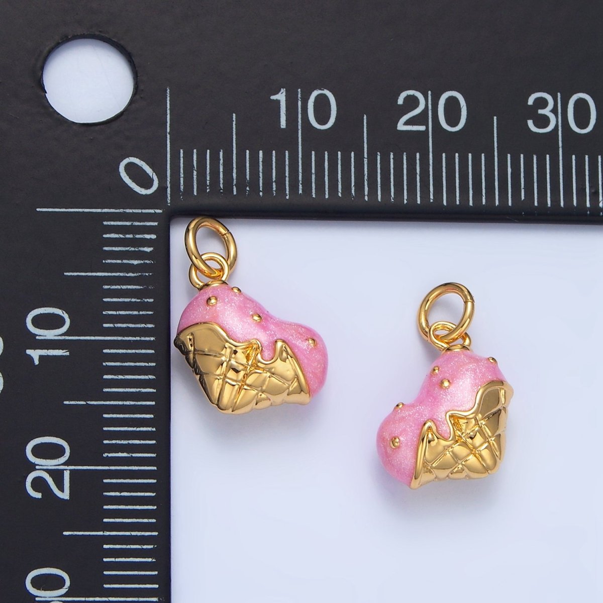 24K Gold Filled Pink Enamel Double Ice Cream Cone Desert Charm | X835 - DLUXCA