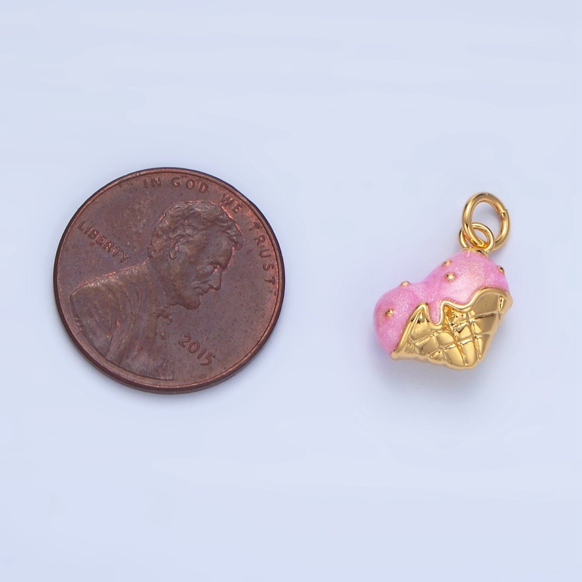 24K Gold Filled Pink Enamel Double Ice Cream Cone Desert Charm | X835 - DLUXCA