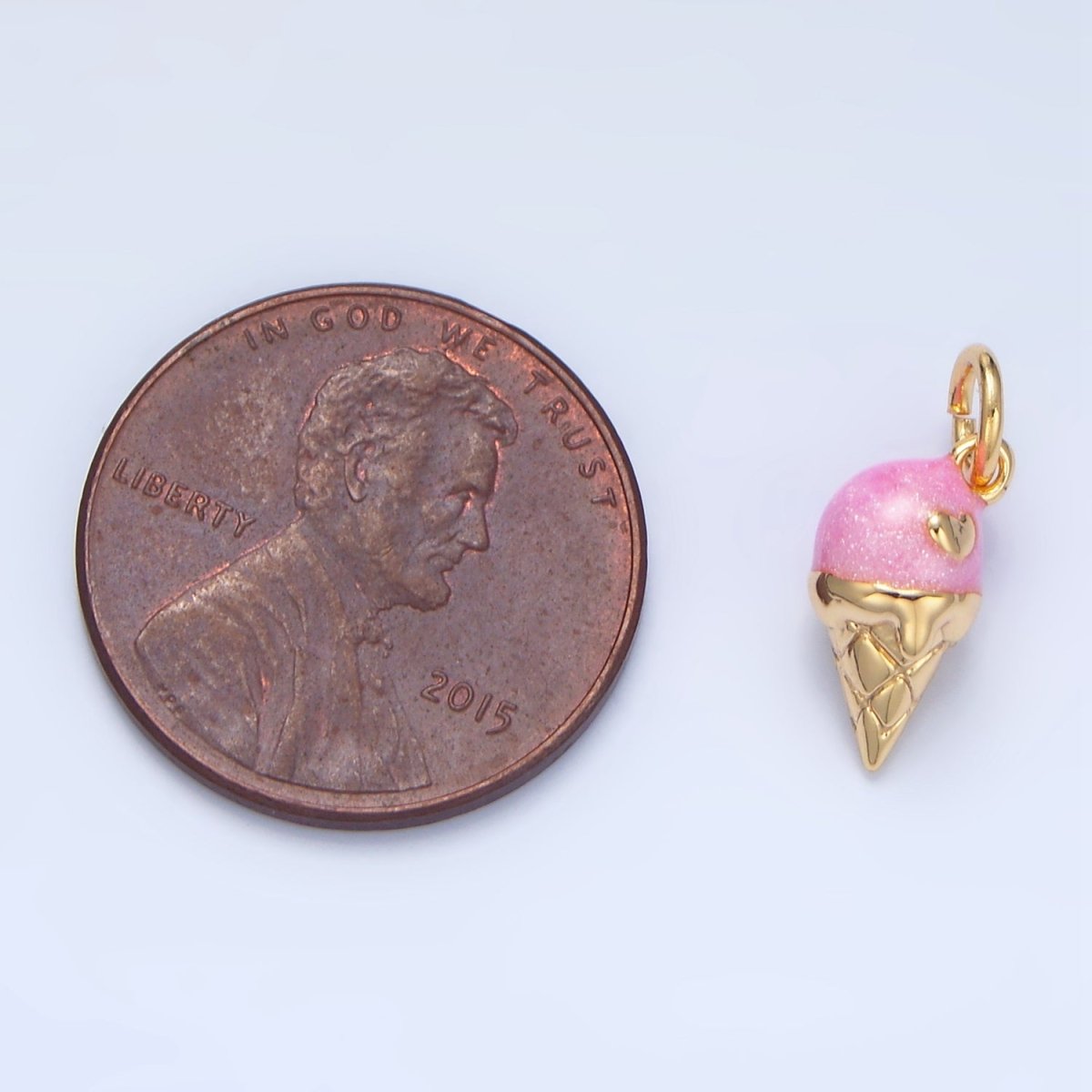 24K Gold Filled Pink Enamel Heart Melt Ice Cream Cone Desert Charm | X834 - DLUXCA