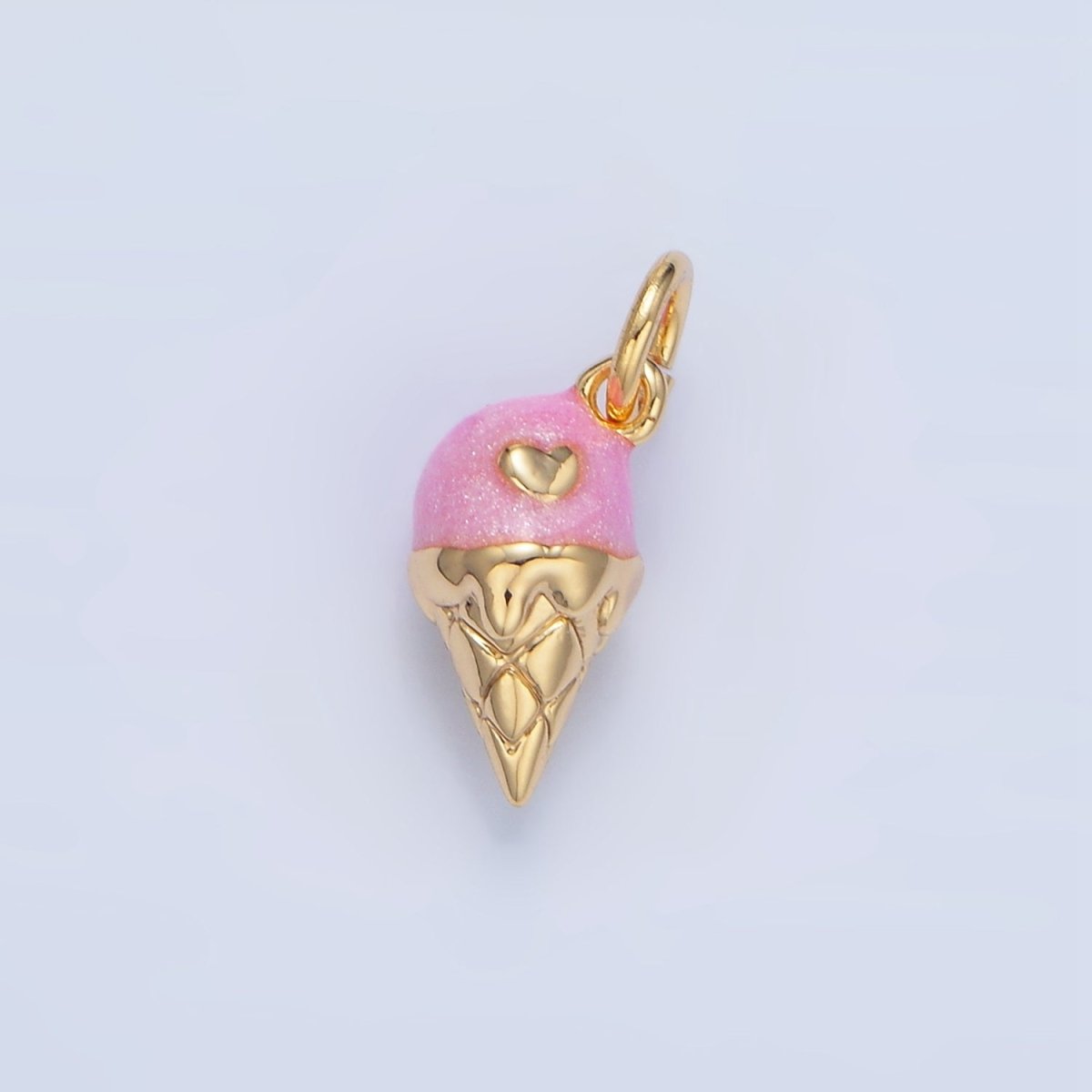 24K Gold Filled Pink Enamel Heart Melt Ice Cream Cone Desert Charm | X834 - DLUXCA