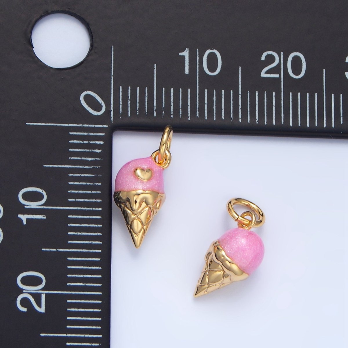 24K Gold Filled Pink Enamel Heart Melt Ice Cream Cone Desert Charm | X834 - DLUXCA