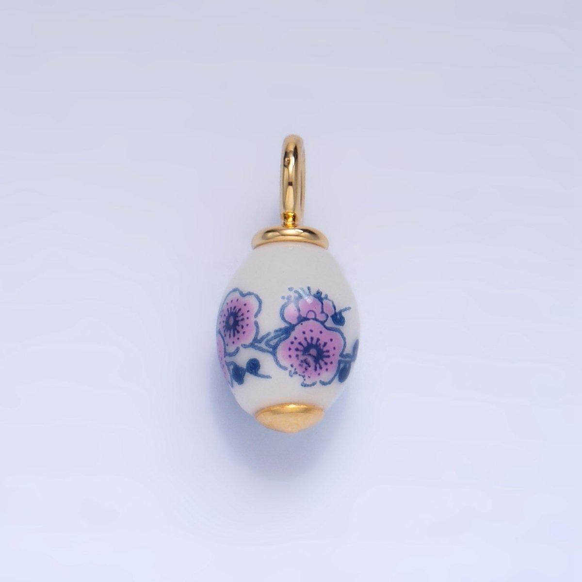 24K Gold Filled Pink Flowers White Ceramic Drop Charm | W120 - DLUXCA