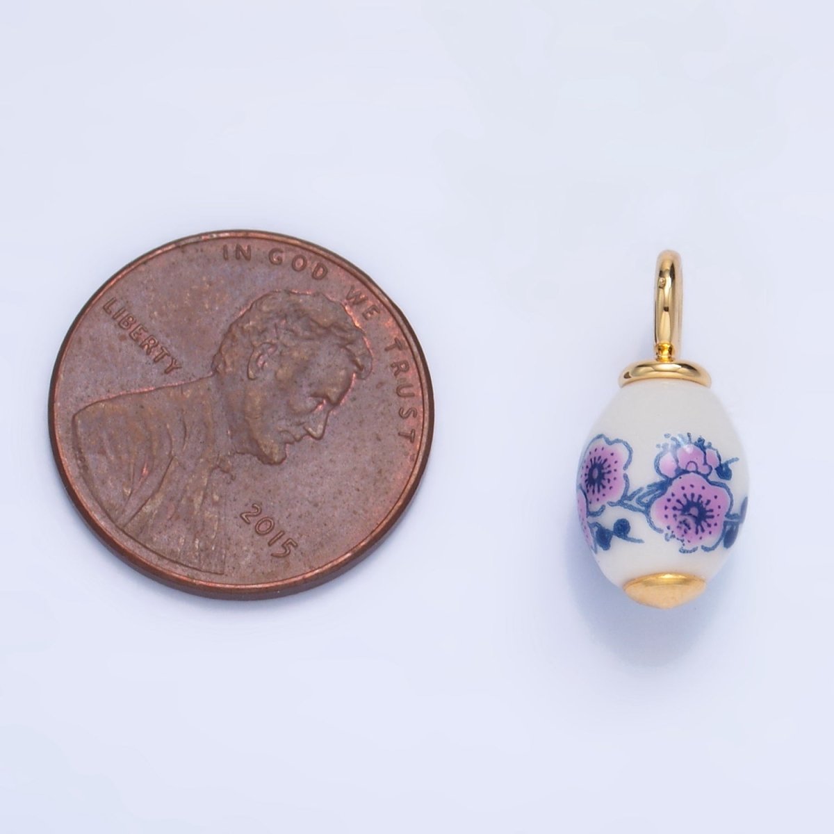 24K Gold Filled Pink Flowers White Ceramic Drop Charm | W120 - DLUXCA