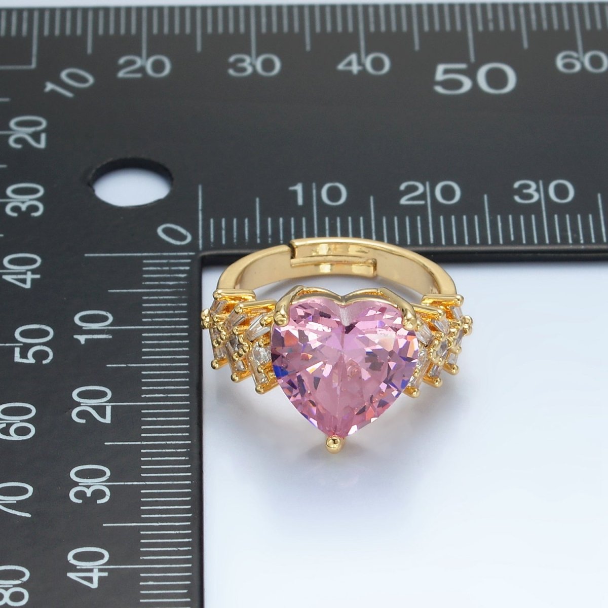 24K Gold Filled Pink Heart CZ Baguette Solitaire Ring | U350 - DLUXCA