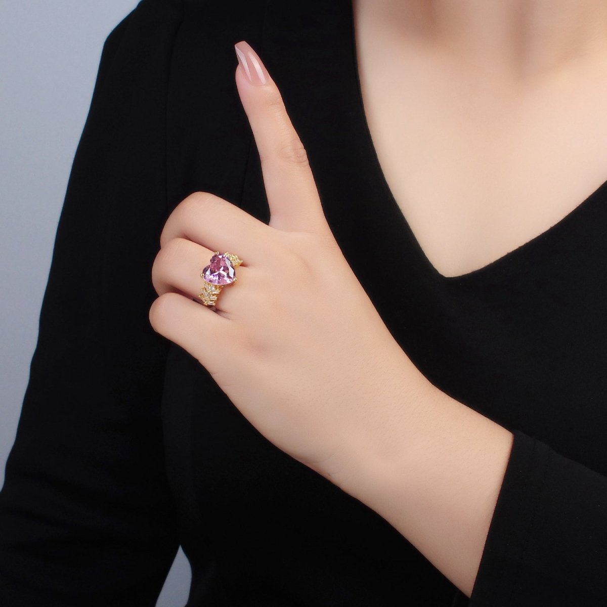 24K Gold Filled Pink Heart CZ Baguette Solitaire Ring | U350 - DLUXCA