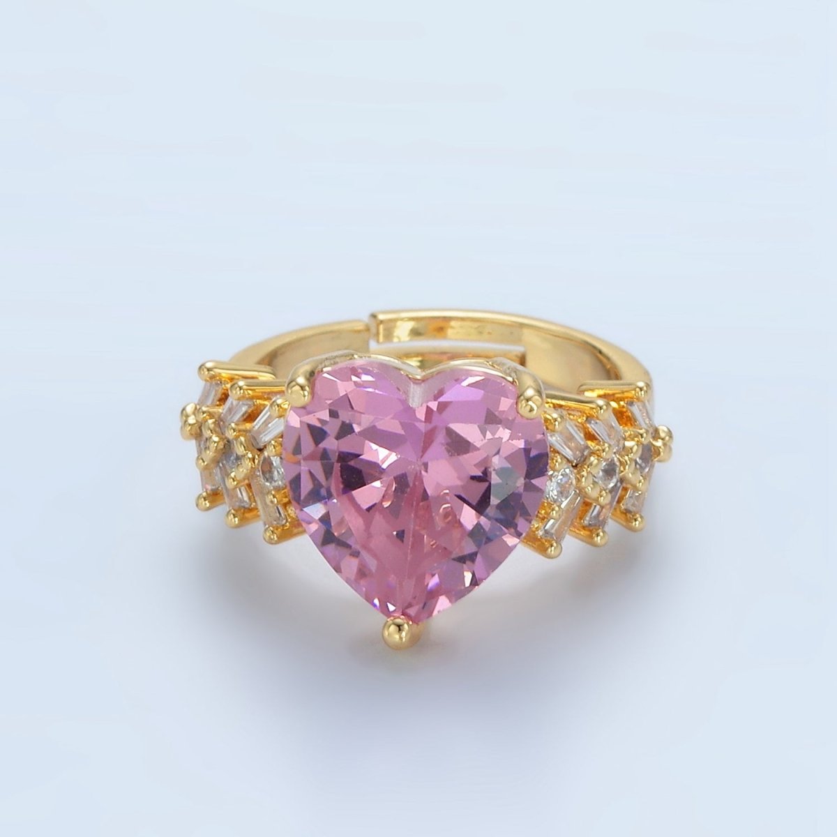 24K Gold Filled Pink Heart CZ Baguette Solitaire Ring | U350 - DLUXCA