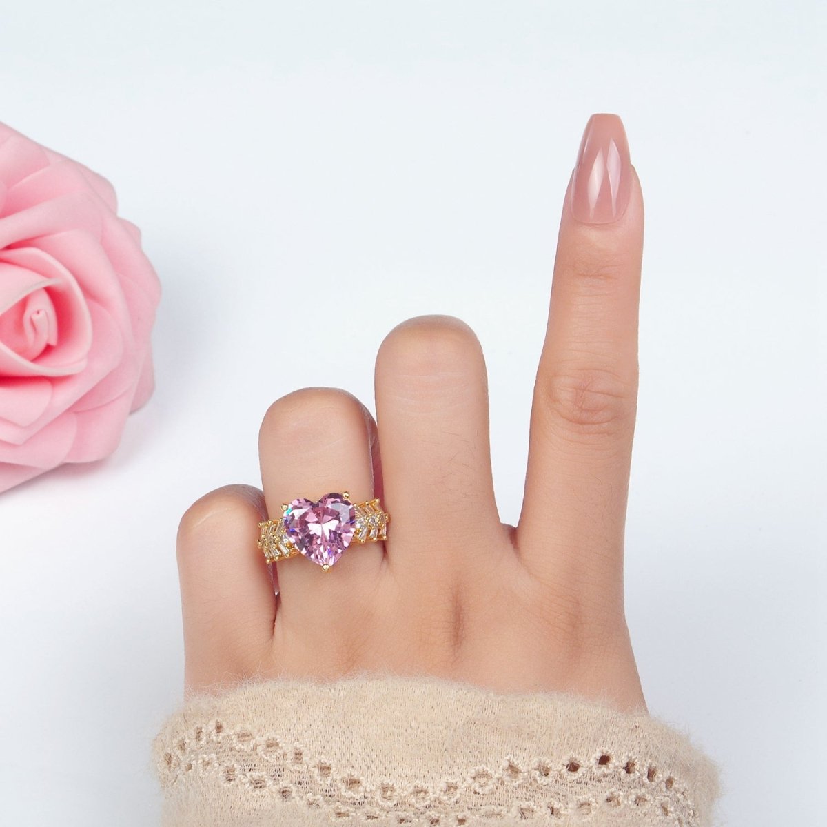 24K Gold Filled Pink Heart CZ Baguette Solitaire Ring | U350 - DLUXCA