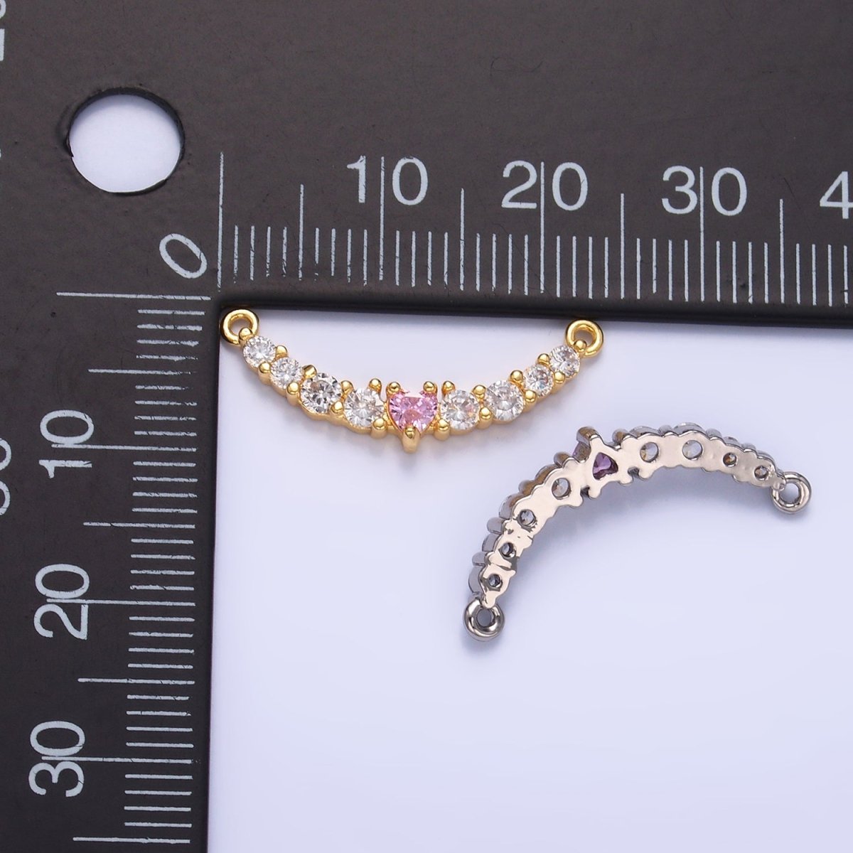 24K Gold Filled Pink Heart CZ Micro Paved Curved Connector in Gold & Silver | Y004 - DLUXCA