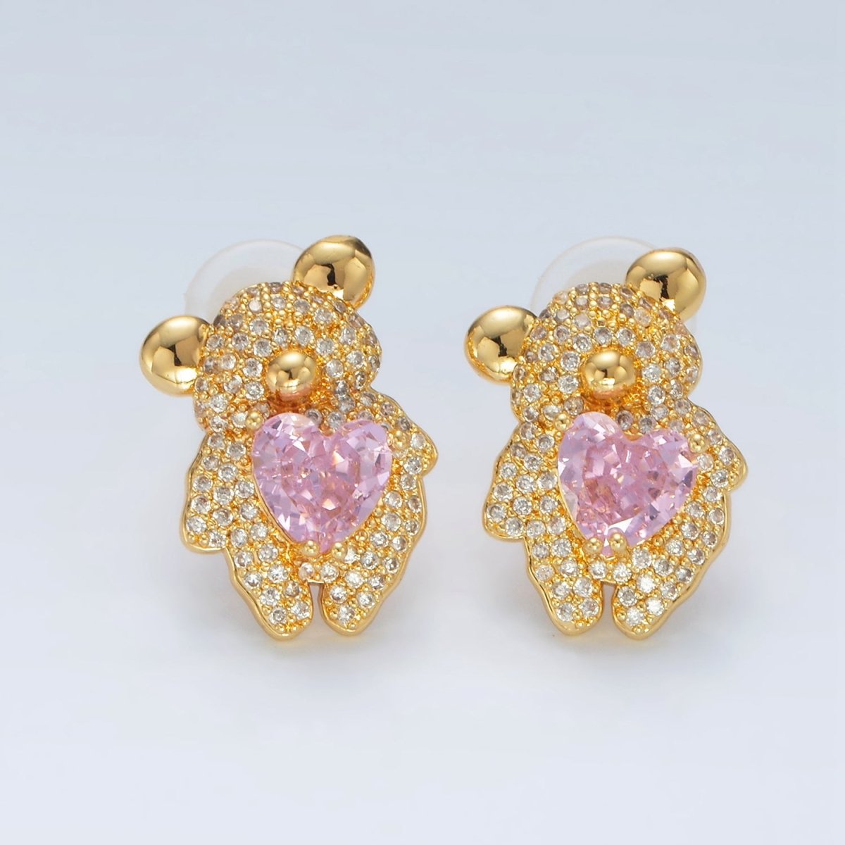 24K Gold Filled Pink Heart CZ Teddy Bear Micro Paved Stud Earrings | AB1226 - DLUXCA