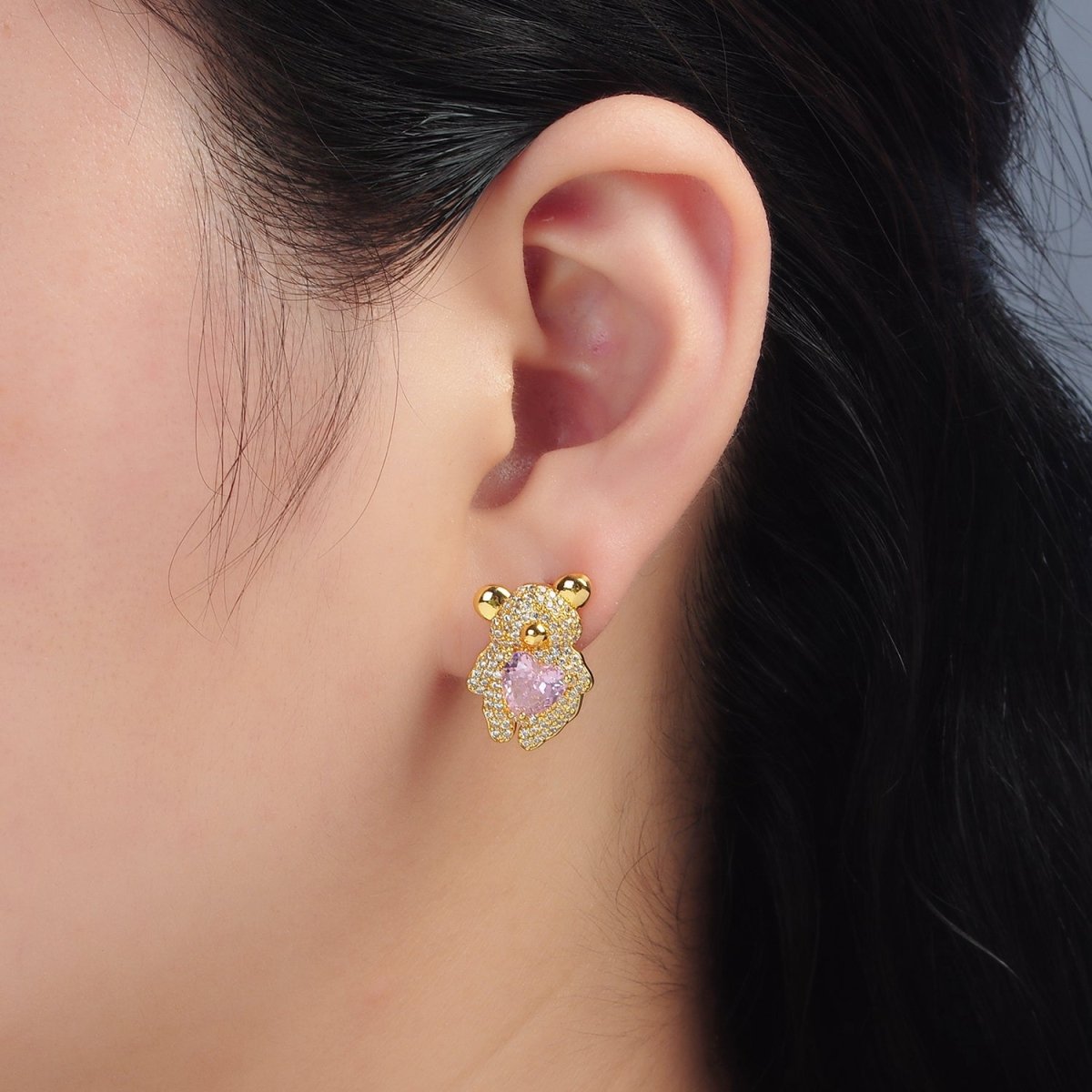 24K Gold Filled Pink Heart CZ Teddy Bear Micro Paved Stud Earrings | AB1226 - DLUXCA