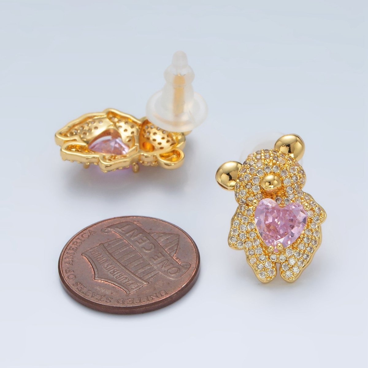 24K Gold Filled Pink Heart CZ Teddy Bear Micro Paved Stud Earrings | AB1226 - DLUXCA