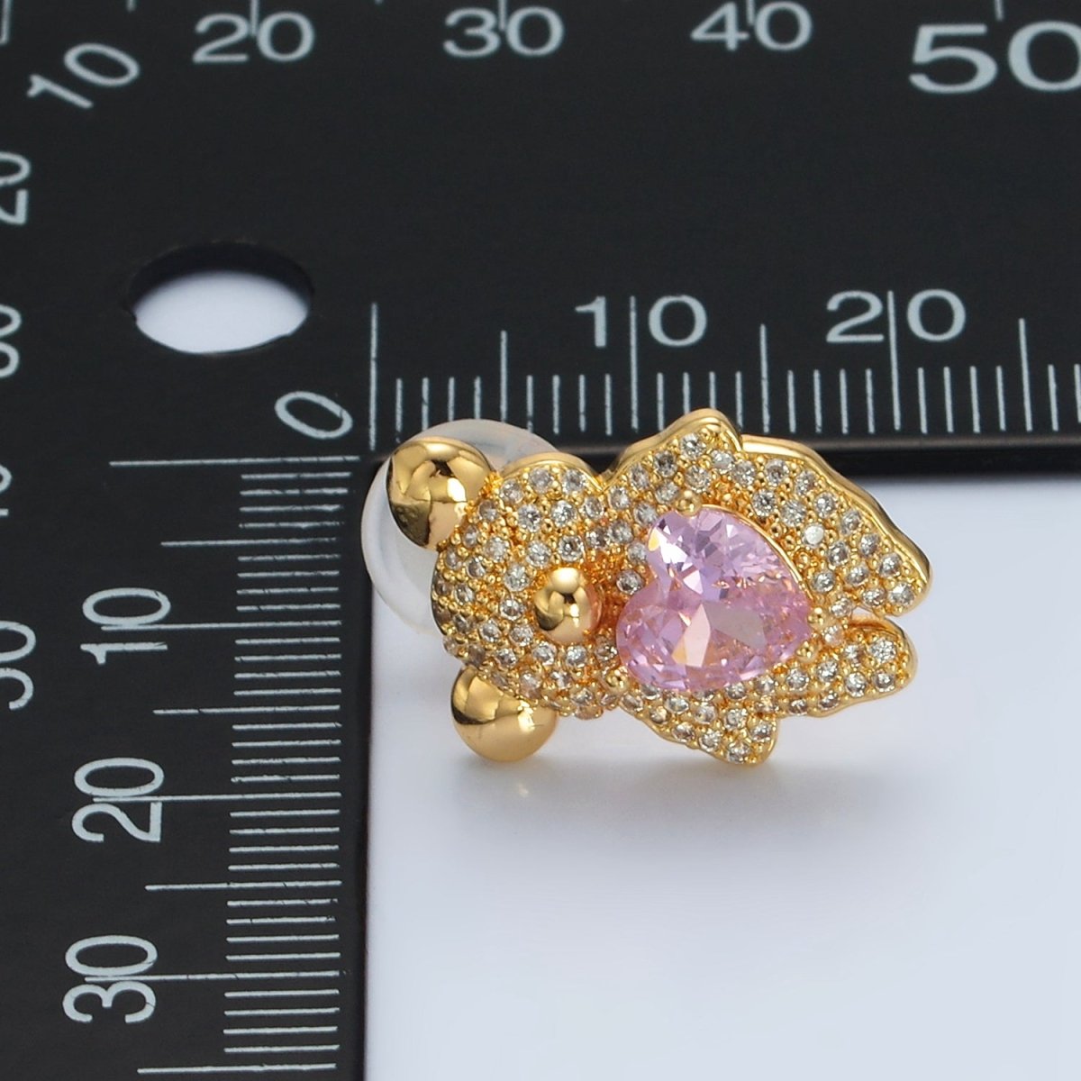 24K Gold Filled Pink Heart CZ Teddy Bear Micro Paved Stud Earrings | AB1226 - DLUXCA