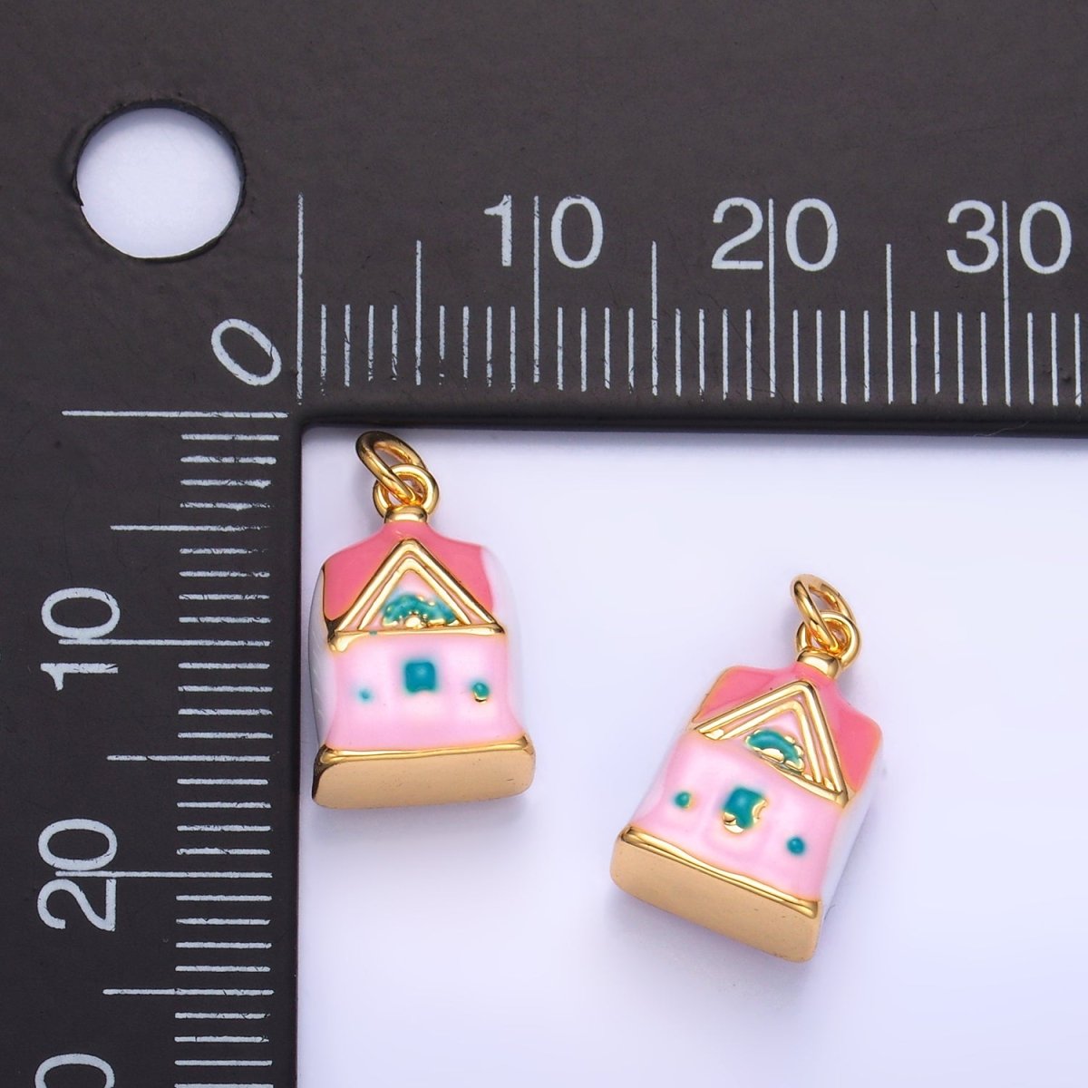 24K Gold Filled Pink House Enamel Ceramic Drop Charm | W251 - DLUXCA