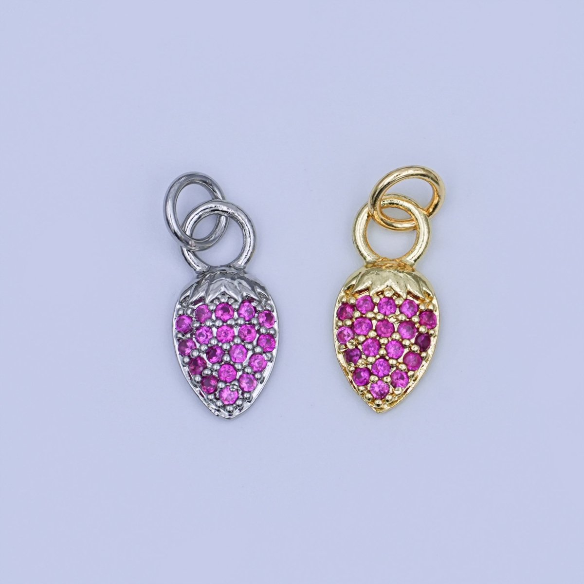 24K Gold Filled Pink Micro Paved CZ Strawberry Mini Charm in Gold & Silver | W638 - DLUXCA