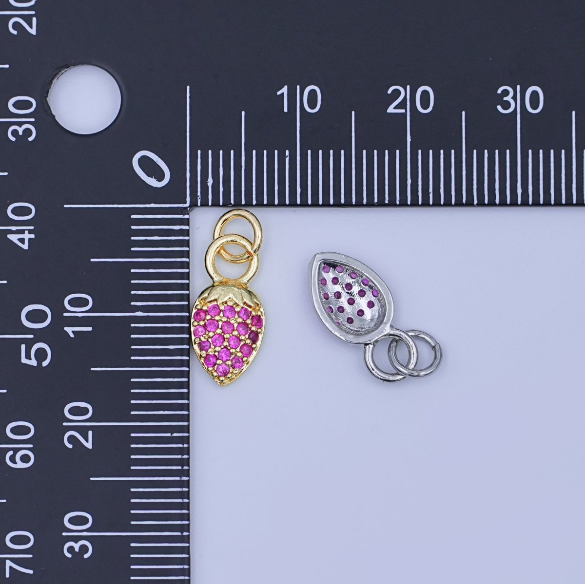 24K Gold Filled Pink Micro Paved CZ Strawberry Mini Charm in Gold & Silver | W638 - DLUXCA