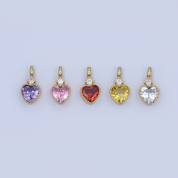 24K Gold Filled Pink, Purple, Clear, Red, Yellow CZ Heart Charm