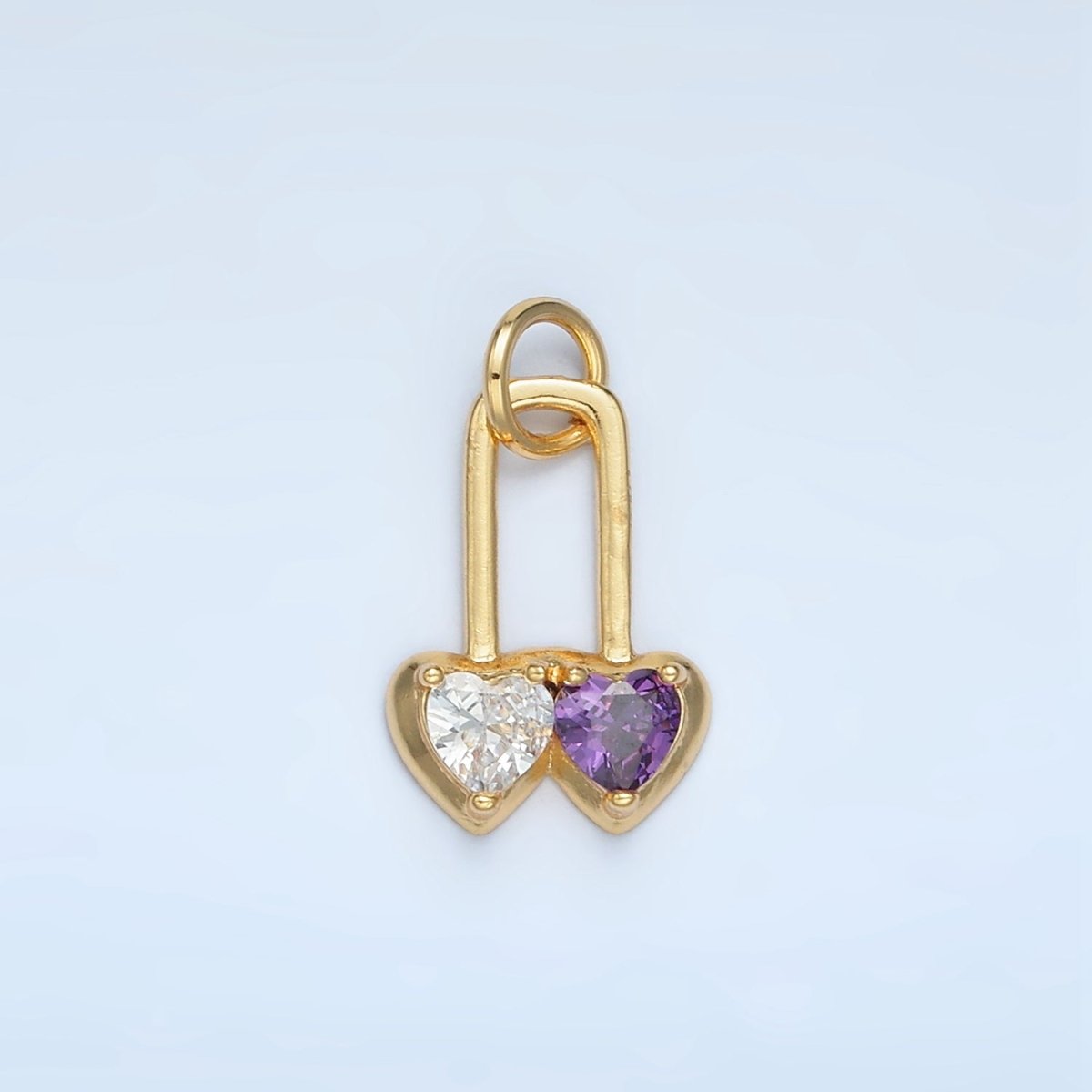 24K Gold Filled Pink, Purple Double Heart Safety Pin Padlock Charm | W183 - DLUXCA