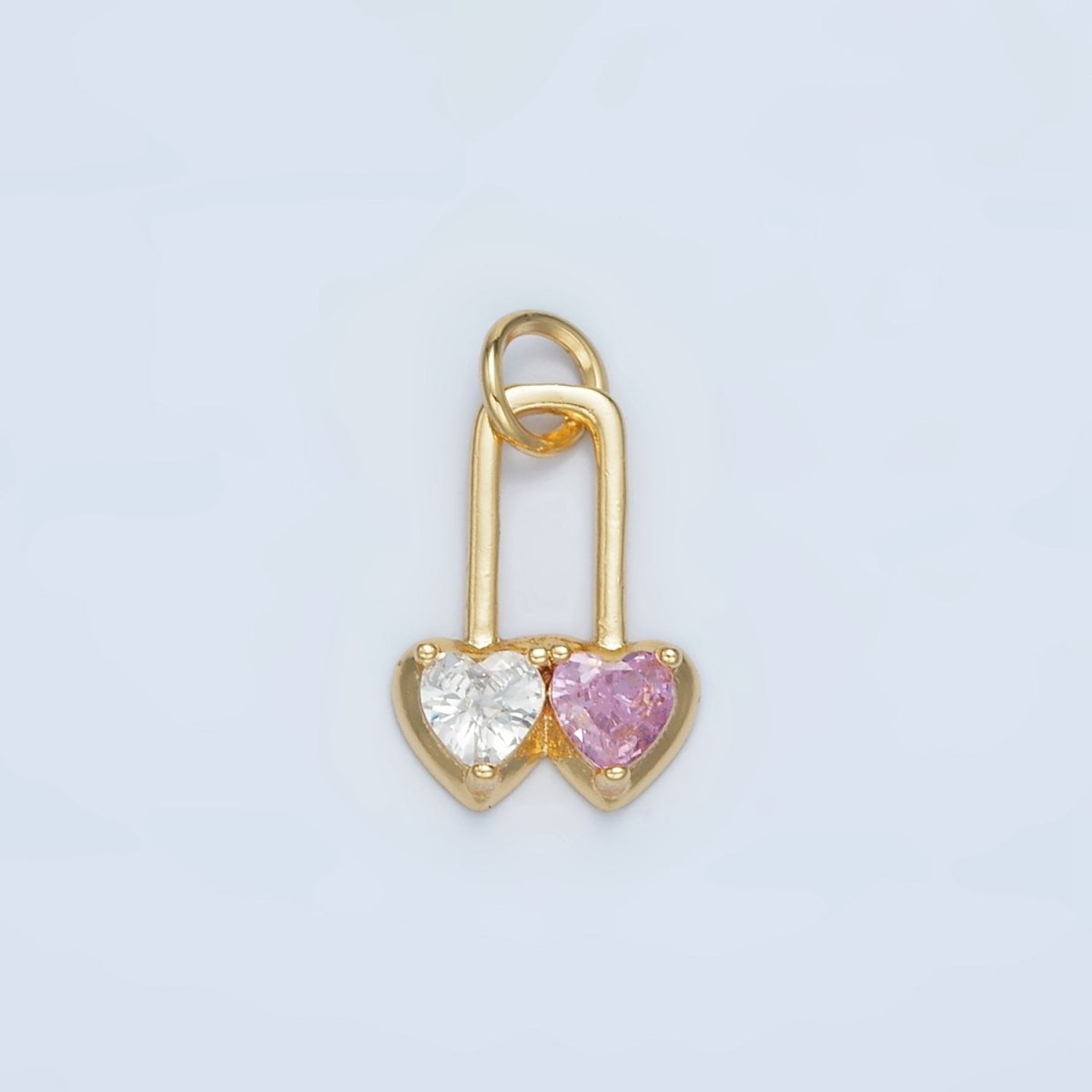 24K Gold Filled Pink, Purple Double Heart Safety Pin Padlock Charm | W183 - DLUXCA