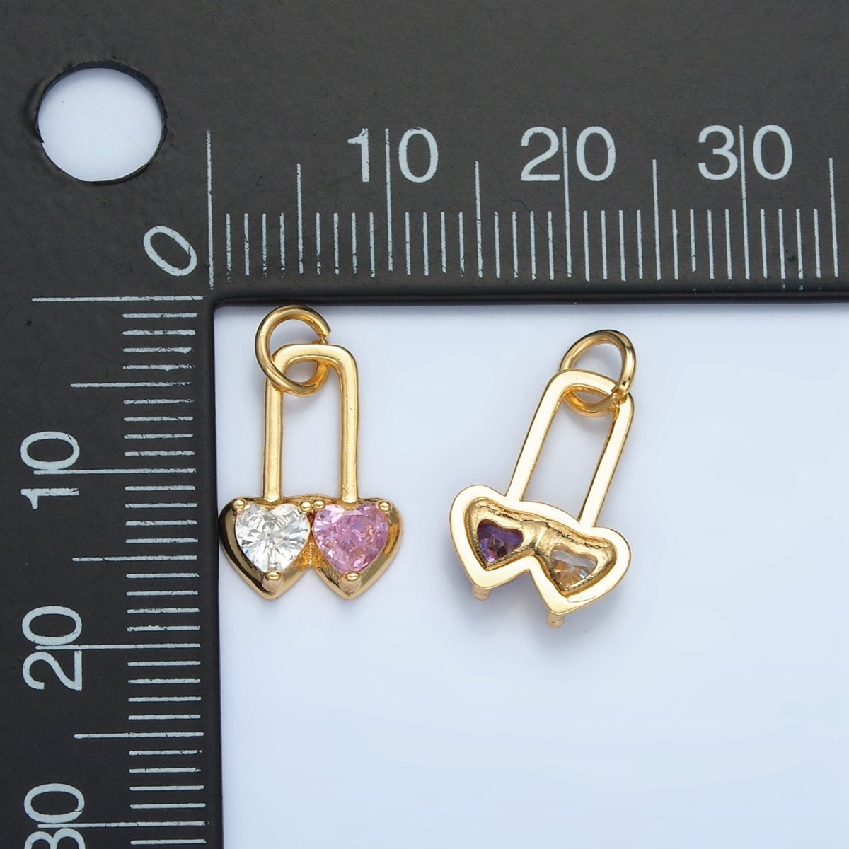 24K Gold Filled Pink, Purple Double Heart Safety Pin Padlock Charm | W183 - DLUXCA