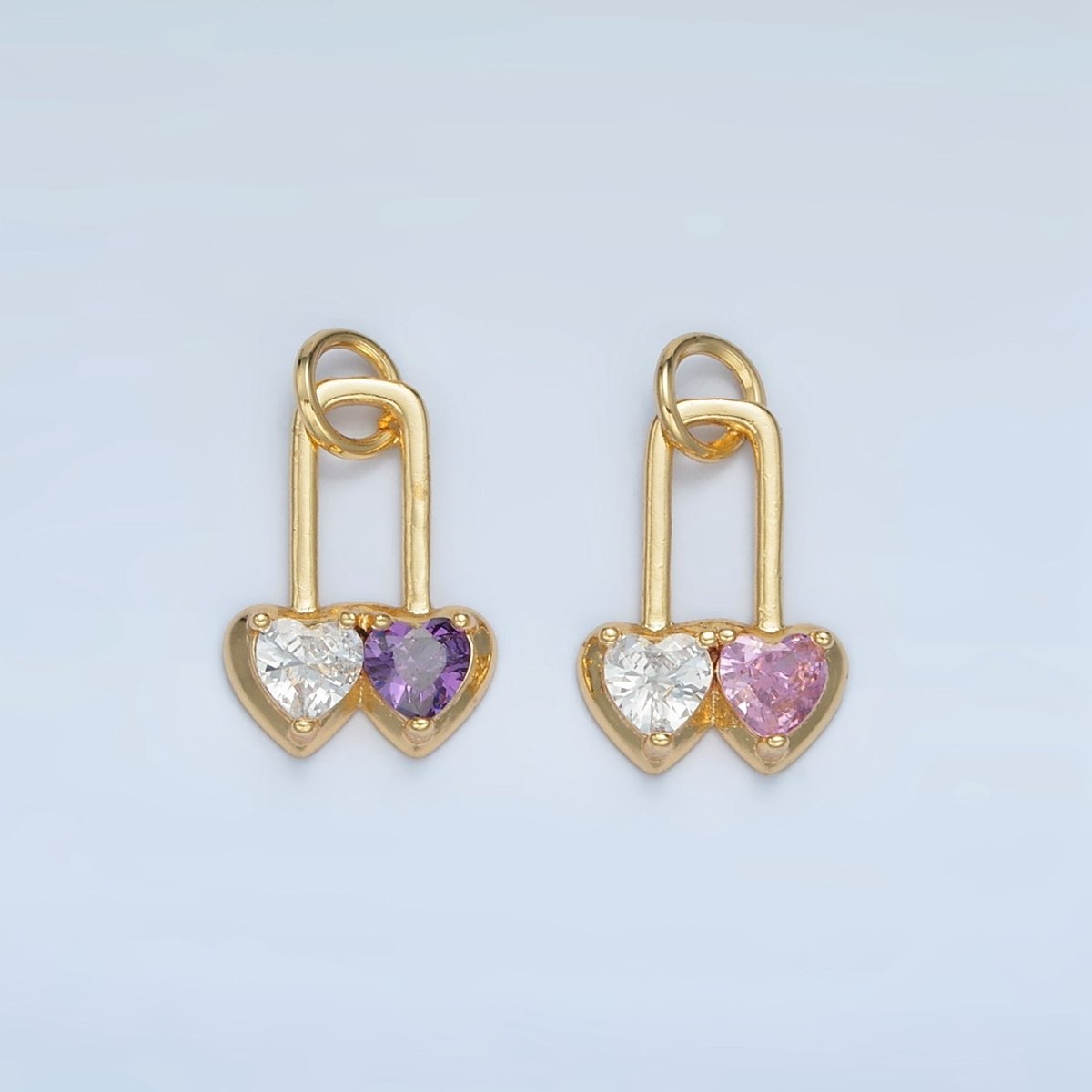 24K Gold Filled Pink, Purple Double Heart Safety Pin Padlock Charm | W183 - DLUXCA