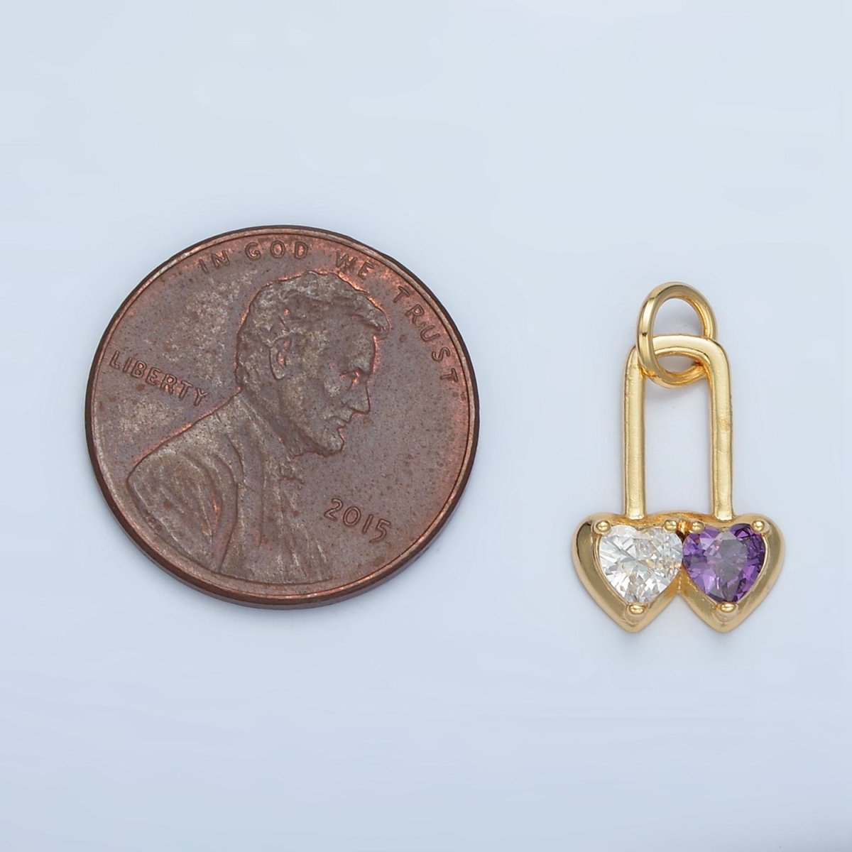 24K Gold Filled Pink, Purple Double Heart Safety Pin Padlock Charm | W183 - DLUXCA