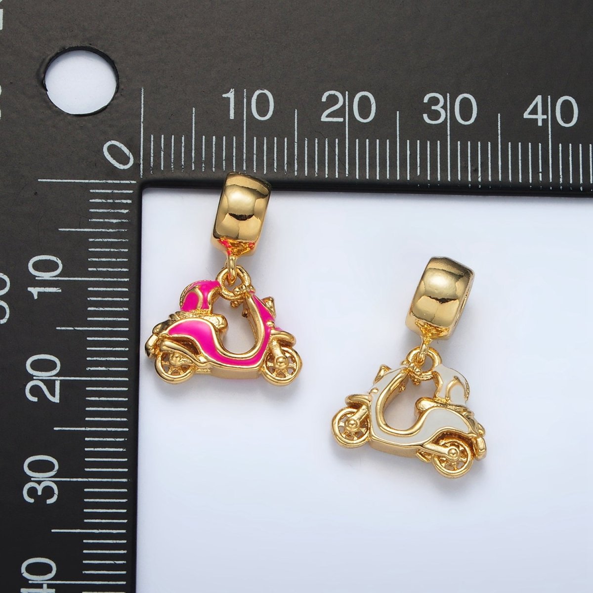 24K Gold Filled Pink, White Enamel Motorbike Scooter Vehicle Rhondelle Bail Drop Pendant | AC095 - DLUXCA