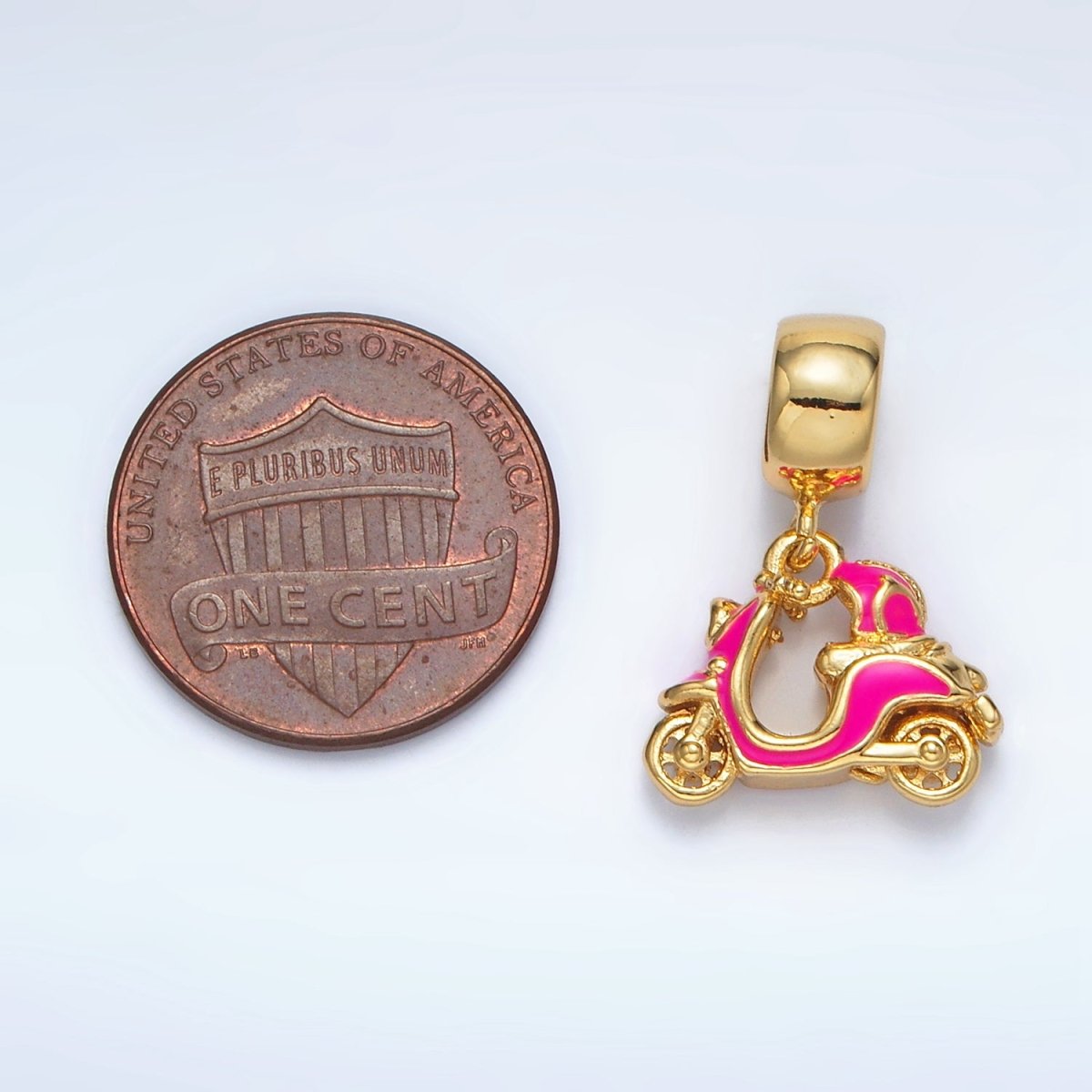 24K Gold Filled Pink, White Enamel Motorbike Scooter Vehicle Rhondelle Bail Drop Pendant | AC095 - DLUXCA