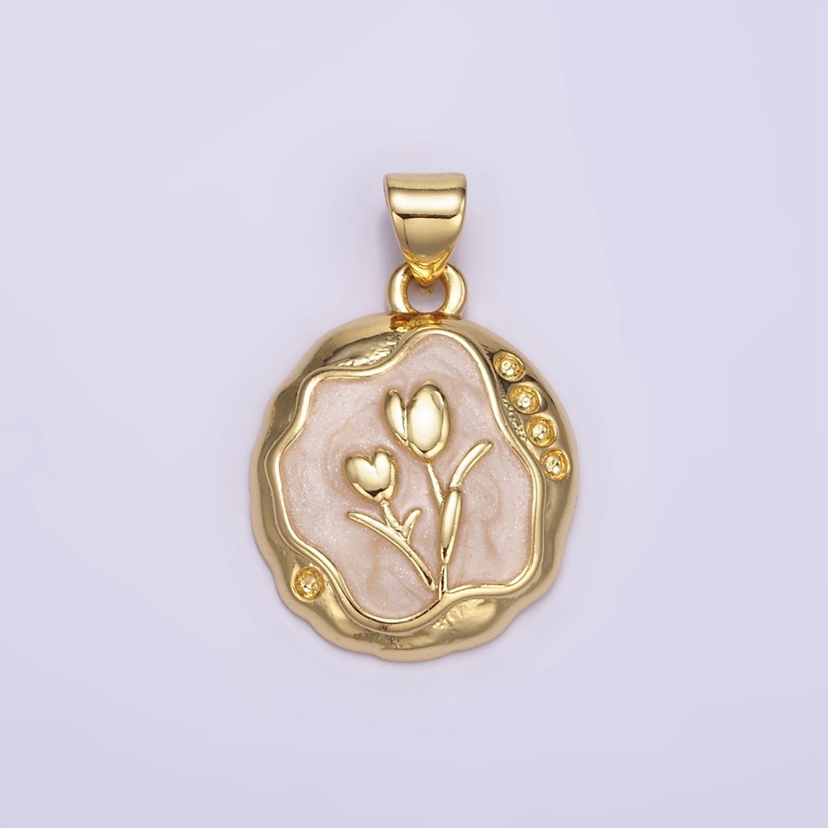 24K Gold Filled Pink, White Glitter Enamel Tulip Hammered Bezel Pendant | AA069 - DLUXCA