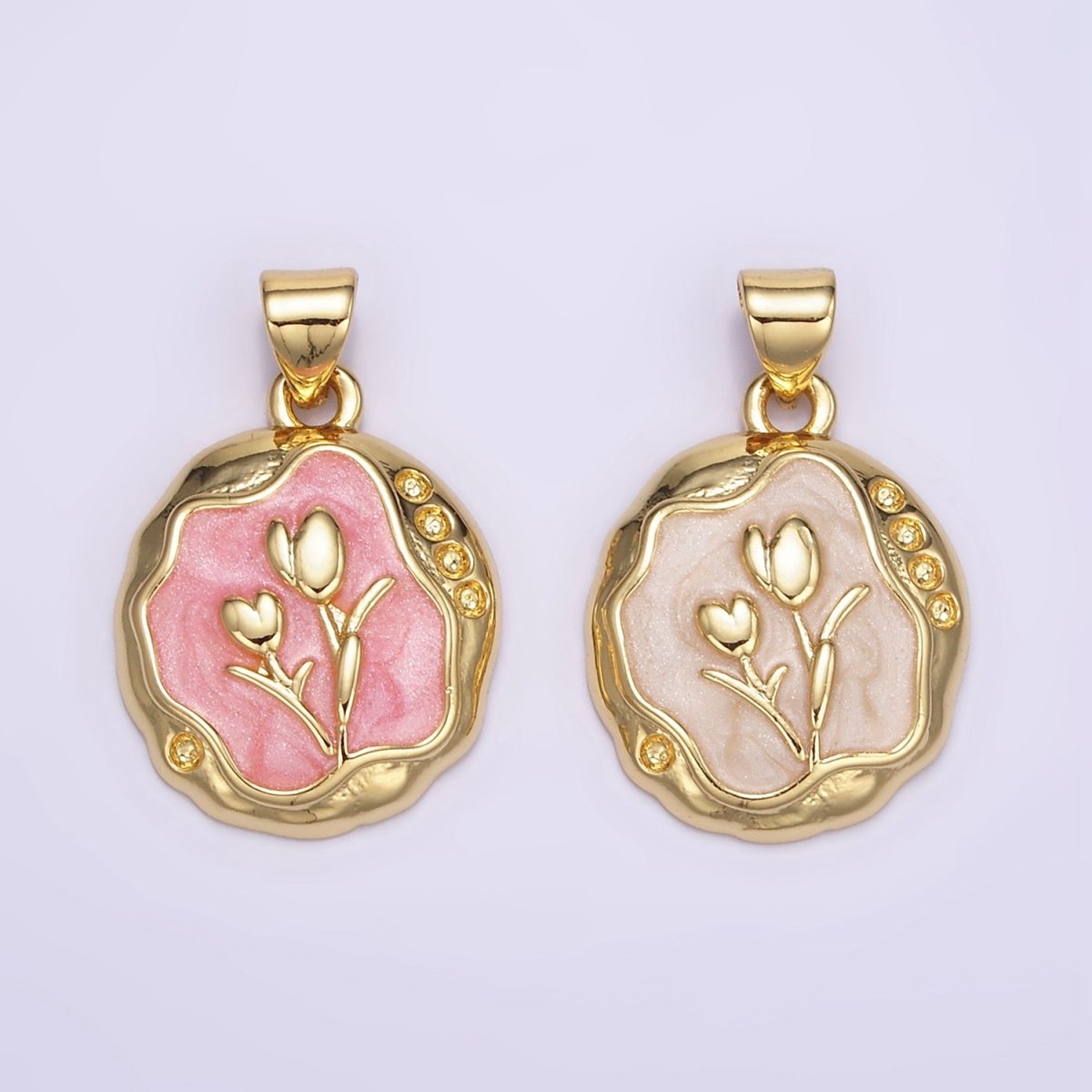 24K Gold Filled Pink, White Glitter Enamel Tulip Hammered Bezel Pendant | AA069 - DLUXCA