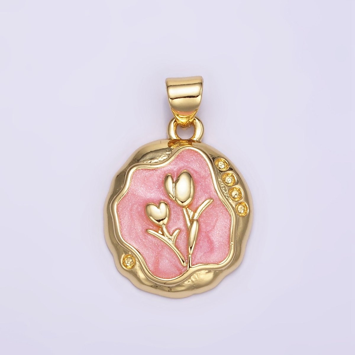 24K Gold Filled Pink, White Glitter Enamel Tulip Hammered Bezel Pendant | AA069 - DLUXCA