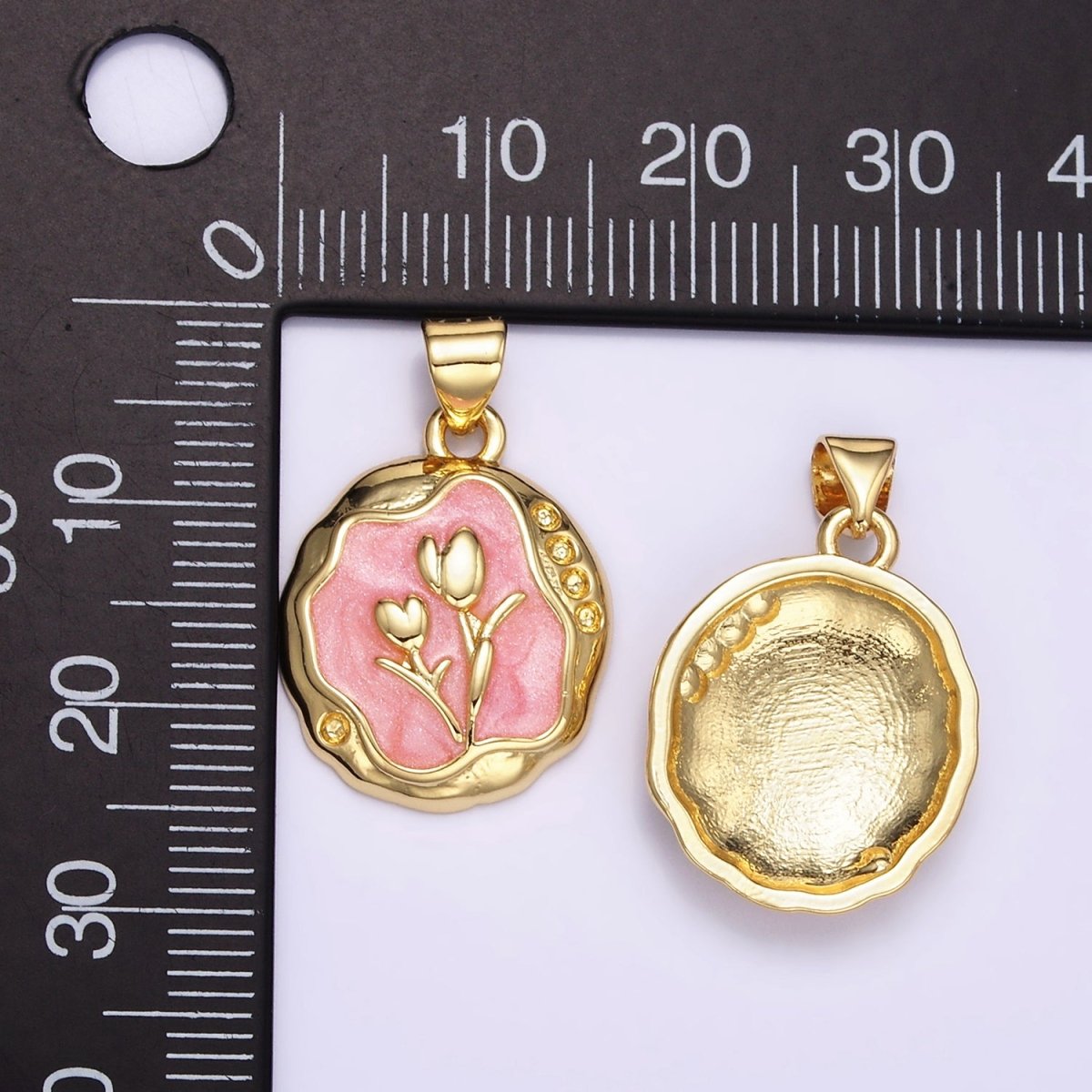 24K Gold Filled Pink, White Glitter Enamel Tulip Hammered Bezel Pendant | AA069 - DLUXCA