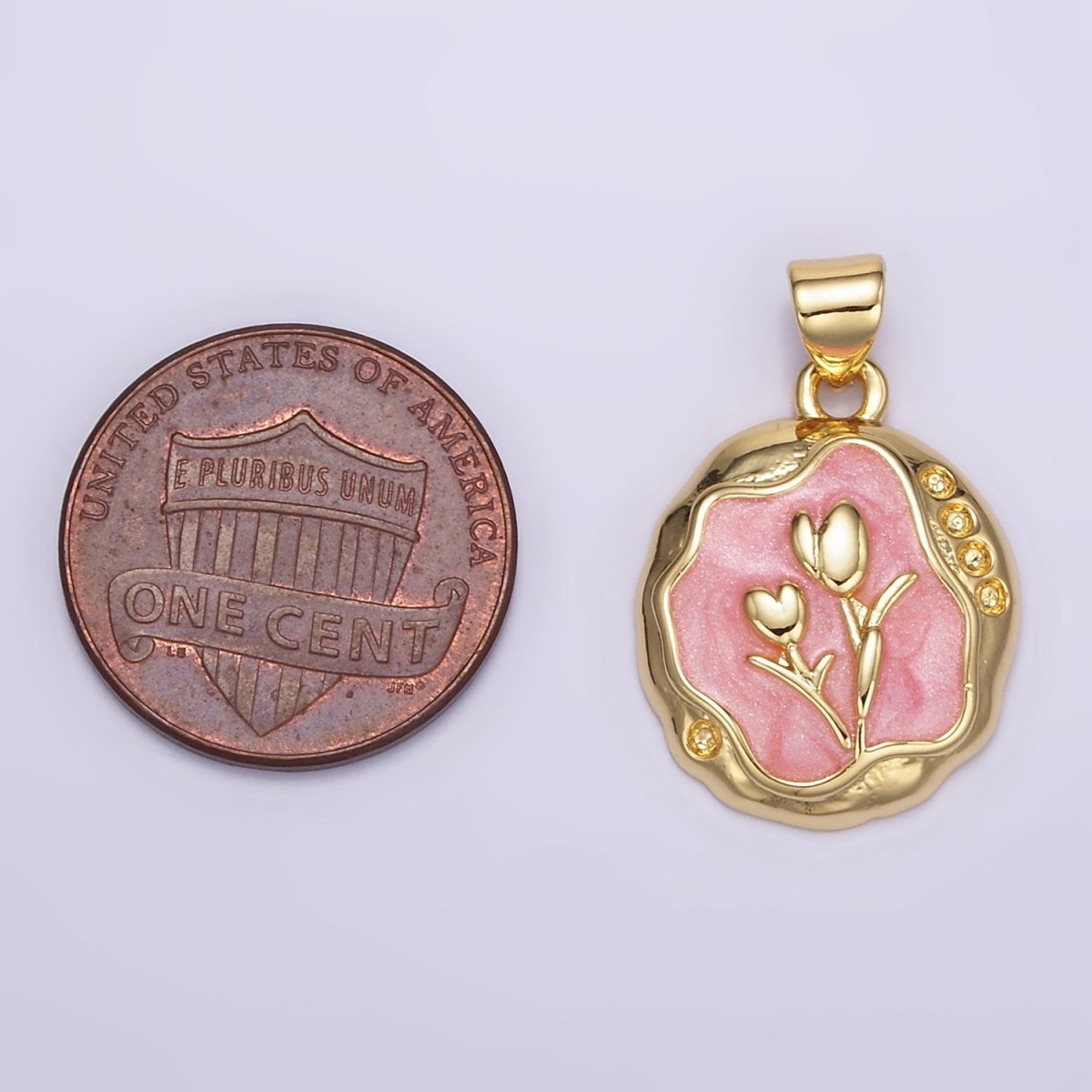 24K Gold Filled Pink, White Glitter Enamel Tulip Hammered Bezel Pendant | AA069 - DLUXCA